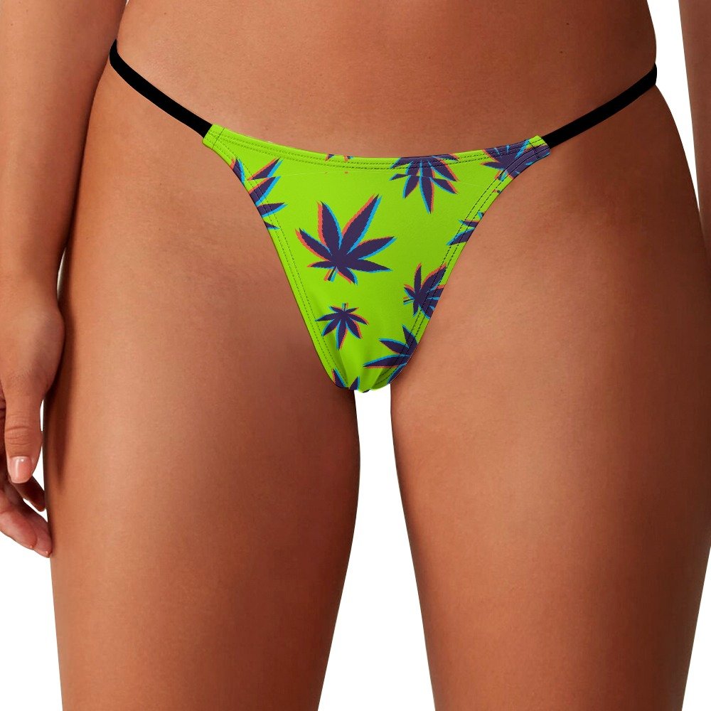 Neon Green Cannabis Leaf Thong Panties - Lime - Image 2