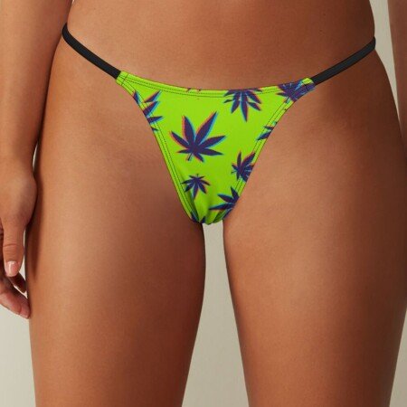 Neon Green Cannabis Leaf Thong Panties - Lime