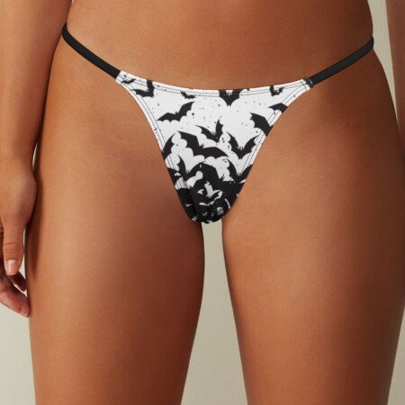 Black White Bat Thong Panties