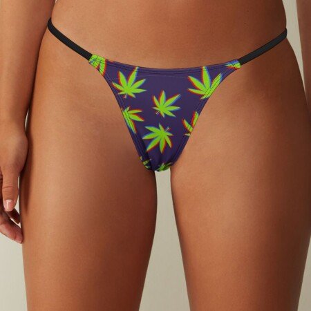 Neon Cannabis Leaf Thong Panties - Purple