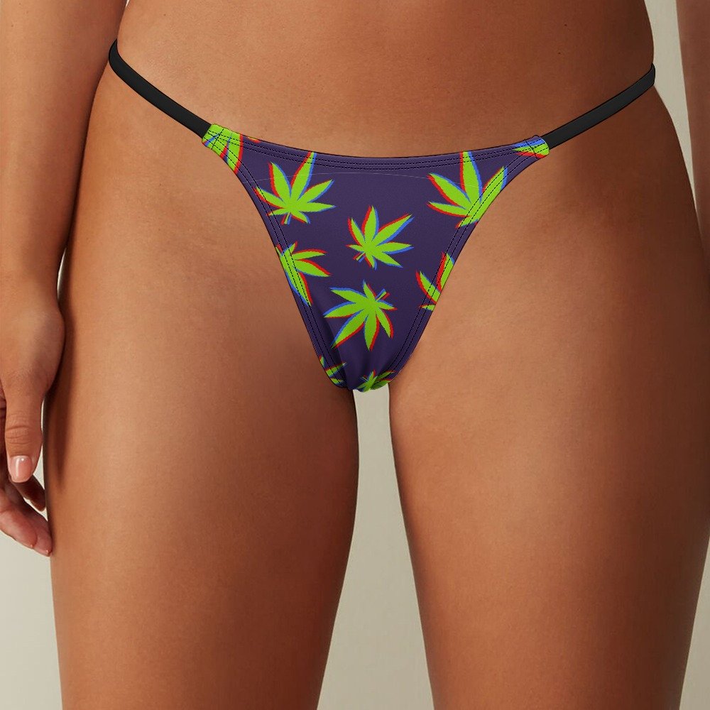 Neon Cannabis Leaf Thong Panties - Purple